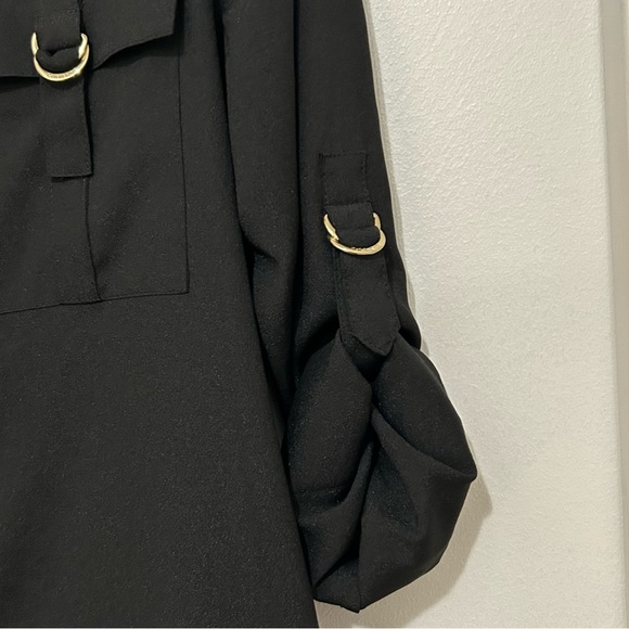 Calvin Klein Black Roll-Tab Sleeve Blouse Gold Hardware Utility Top Women's - Picture 2 of 6